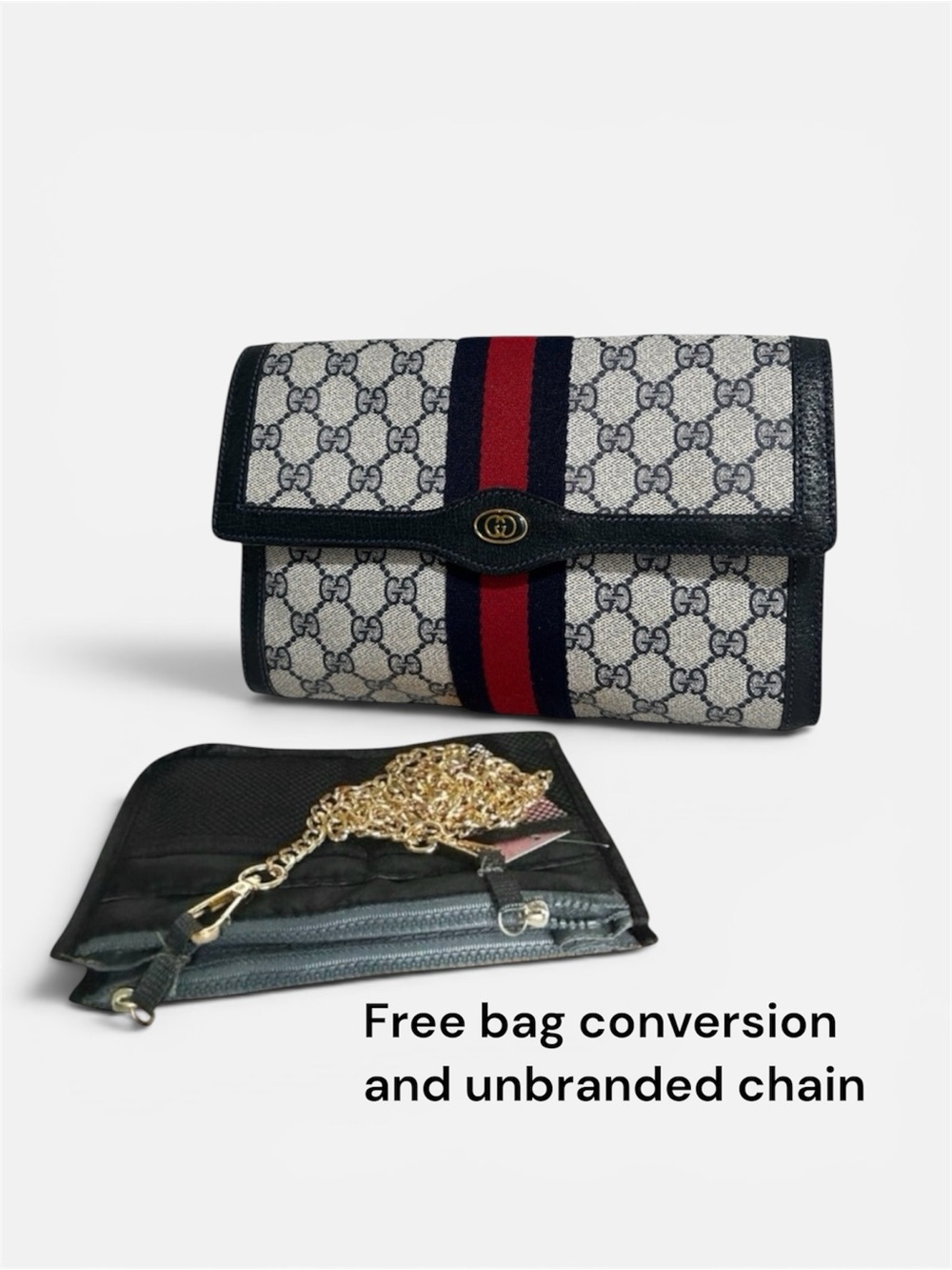 Vintage GUCCI Sherry Line Pouch Clutch Women’s Bag Navy Blue Used Authentic